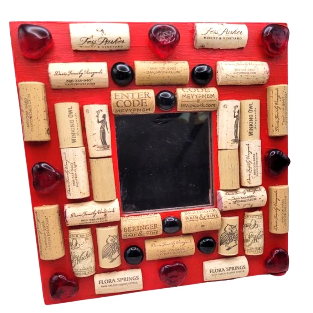 Red Heart and Red Glass Cabochons Mirror Decor with Wine Cork-NWT-Handmade